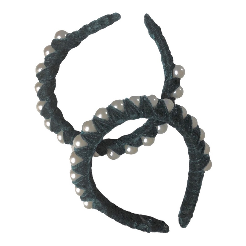 2 pack Green velvet oversized pearl adorned embellished headband new - Picture 2 of 11